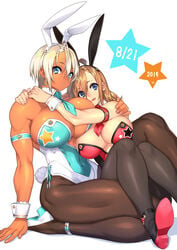 2019 2girls abs big_breasts breasts bunny_day bunny_ears bunny_girl bunnysuit cleavage dark-skinned_female dark_skin female female_only high_heels huge_breasts large_breasts looking_at_viewer muscular_female original pantyhose sela_(sela_god) sela_god sitting sitting_on_lap sitting_on_person tongue_out ursula_(sela_god) wedding_ring wife_and_wife yuri