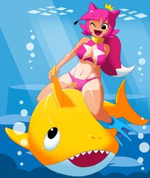 1girls baby_shark baby_shark_(character) busty female flippers humanized minus8 pink_hair pink_swimsuit pinkfong pinkfong_(character) riding rule_63 shark swimsuit tan_skin tanline underwater