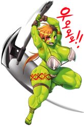 armpits axe bodypaint breasts busty cleavage extreme_muscles feet female fingerless_gloves gloves goblin goblin_female green_skin large_breasts monster_girl muscular_female nose_piercing pointy_ears sandals solo sweat thick_thighs toothbrushking weapon