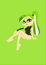 1girls absurd_res armpits barefoot bottomless dress_shirt eyebrows eyelashes female female_focus female_only freeglass green_background green_hair highres inkling inkling_girl iseenudepeople lips lipstick looking_at_viewer nail_polish nintendo no_panties pinup ponytail sexually_suggestive simple_background sitting sleeveless solo solo_focus splatoon suggestive tentacle_hair