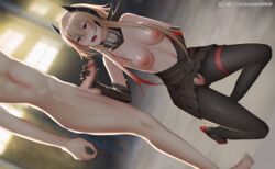 1boy bangs blonde_hair blush breasts censored clothed_female_nude_male dutch_angle elbow_gloves eyebrows_visible_through_hair female ginhaha girls'_frontline gloves hair_between_eyes handjob headgear jacket long_hair m4_sopmod_ii_(girls'_frontline) masturbation mod3_(girls'_frontline) mosaic_censoring multicolored_hair nipples nude open_mouth pantyhose penis pussy red_eyes red_hair scarf sidelocks smile solo_focus straight streaked_hair testicles torn_clothes torn_legwear