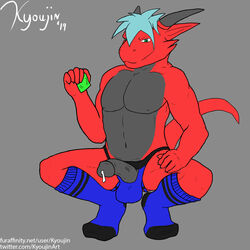 1:1 anthro athletic balls bodily_fluids clothed clothing crouching cum dragon erection genital_fluids hi_res jockstrap kyoujin legwear looking_at_viewer male male_only partially_clothed penis scalie socks solo underwear