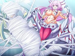 2girls azarin bound breasts carapace claws clenched_teeth cocoon evil_grin evil_smile eyebrows_visible_through_hair facial_tattoo femdom green_hair grin hair_between_eyes highres ikameshi insect_girl kouyoku_senki_exs-tia large_breasts leg_lock long_hair looking_at_another lusterise magical_girl monster_girl multi_eye multi_leg multi_limb multiple_girls mummification pink_hair purple_eyes restrained sharp_teeth silk smile spider_girl spider_legs spider_web spider_webs suspension tattoo teeth yuri