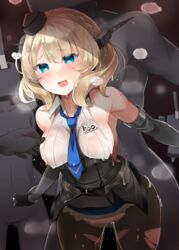 black_gloves black_legwear blonde_hair blue_eyes blue_neckwear blush breasts clothed_sex colorado_(kantai_collection) cum cum_on_ass dress elbow_gloves female garrison_cap gloves grey_dress grey_headwear hat kantai_collection large_breasts necktie open_mouth pantyhose pleated_dress pussy_juice shin_(new) shirt short_hair side_braids sideboob sleeveless standing standing_sex sweat torn_clothes torn_legwear white_shirt