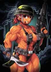 abs bare_shoulders breasts brown_hair cigar cigarette extreme_muscles female fingerless_gloves gloves gun helmet knife looking_at_viewer machine_gun muscles muscular muscular_female navel ponytail purple_eyes scar smile solo suspenders teeth thick_thighs toothbrushking weapon