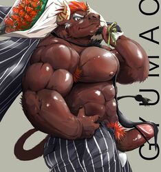 abs anthro biceps bottomwear bovid bovine brown_fur cattle clothed clothing facial_hair flower fur gyumao hair hi_res male male_only mammal muscular muscular_male nipples pecs penis plant pubes red_hair rose_(flower) solo_male standing tokyo_afterschool_summoners topless video_games yunukopi