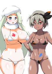 2girls abs alternate_breast_size alternate_outfit armpits bea_(pokemon) belly big_breasts bikini black_bikini blonde_hair blue_eyes blush breasts bursting_breasts chocolate_and_vanilla cleavage dark-skinned_female dark_skin earrings eye_contact female female_only fit grey_eyes hairband half-closed_eyes hand_on_hips hat high_resolution huge_breasts human human_only looking_at_viewer melon_(pokemon) melony_(pokemon) micro_bikini multiple_girls muscular muscular_female navel nintendo pokemon pokemon_ss pose saitou_(pokemon) smile swimsuit tattoo thick_thighs thin_waist underboob white_bikini white_skin wide_hips