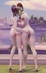 2girls 3d alternate_costume anus areolae ass blender breasts brigitte d.va female female_only forceballfx hand_on_ass headset nano_d.va nipples nude overwatch pussy tattoo yuri