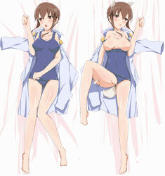 1girls animal_ears blush breasts breasts_out brown_hair clothing dakimakura eyebrows_visible_through_hair female jiseki medium_breasts one-piece_swimsuit open_mouth solo strike_witches swimsuit tail takei_junko world_witches_series