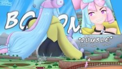 2023 aqua_hair blue_hair building_destruction buildings butt_focus butt_slam buttcrush character_hair_ornament city city_destruction city_sized collapsing daikaitenf destruction evil_grin fake_hair_bun female_focus giant_female giantess grin grinding hair_bun hair_ornament iono_(pokemon) macro macro/micro macro_female pink_hair pokemon pokemon_scarlet_&_violet pokemon_sv sitting slamming_ass two_tone_hair