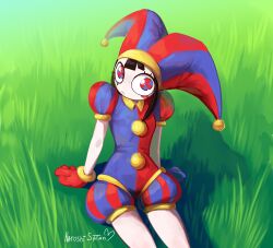 1girls grass jester jester_hat jester_outfit karoshi_satan light-skinned_female multicolored_eyes pomni pomni_(tadc) pomni_(the_amazing_digital_circus) sitting solo solo_focus the_amazing_digital_circus