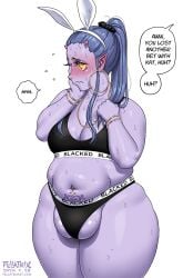 1girls 2024 ashamed belly big_belly black_bra black_panties blacked_clothing blue_hair blush bra bracelet bracelets breasts bunny_ears_headband cleavage demon demon_girl dialogue earrings edit embarrassed eyelashes fat fat_female fat_mons fellatrix female fupa headband hoop_earrings horns jewelry lost_a_bet mio_(fellatrix) navel navel_piercing necklace original ponytail purple_body purple_skin shy small_horns solo succubus succubus_horns sweat underwear wavy_mouth white_headband yellow_eyes