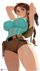 1girl ai_generated armpits arms_behind_head arms_up artist_name bag belt blue_shirt braid breasts brown_eyes brown_hair brown_shorts covered_nipples fingerless_gloves gloves gun handgun holding holding_gun holding_weapon holster lara_croft large_breasts lips long_hair looking_at_viewer parted_lips patreon ponytail questionable sensitive shirt short_shorts shorts simple_background single_braid sleeveless solo taut_clothes thighs tomb_raider weapon wet wet_clothes wet_shirt white_background