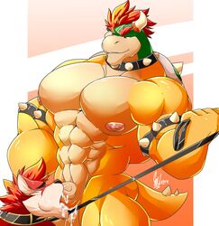 absurd_res anthro balls bodily_fluids bowser canid canine canis collar cum cum_in_mouth cum_inside daikitei domination duo erection fellatio genital_fluids hi_res humanoid_penis koopa leash male male/male male_only mammal mario_(series) muscular muscular_male nintendo oral pecs penile penis reptile scalie sex smile spiked_collar spikes turtle vein video_games wolf