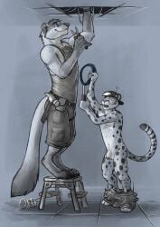 2024 accident accidental_exposure anthro anthro_on_anthro athletic athletic_anthro athletic_male bottomwear bottomwear_down bulge cheetah clothed clothing dated duo felid feline flaccid foreskin genitals hat headgear headwear hi_res holding_cable holding_object holding_screwdriver holding_tool hufnaar humanoid_genitalia humanoid_penis kyyanno male male/male male_anthro mammal markings mustelid musteline open_mouth pants pants_down partially_clothed partially_colored penis red_tongue screwdriver shorts side_view size_difference spots spotted_arms spotted_legs spotted_markings spotted_tail standing striped_markings striped_tail stripes tail tail_markings tongue tools topwear true_musteline weasel