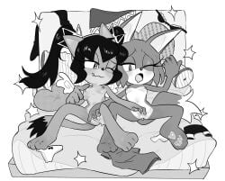 2girls archie_comics areolae blush bra breast_size_difference commission discarded_clothing discarded_underwear fingering_partner greyscale heart_pillow honey_the_cat in_bed lesbian lesbian_sex lying_on_back monochrome no_clothes nude nude_female on_back on_bed one_eye_closed panties_aside pawpads paws pinklilim sonar_the_fennec sonic_(series) sonic_the_hedgehog_(archie) sonic_the_hedgehog_(comics) sonic_the_hedgehog_(series) t-shirt twintails yuri