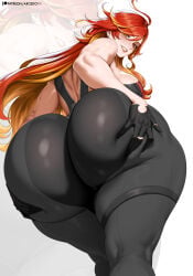 1girls arcedo ass ass_focus big_ass big_breasts bottom_heavy breasts bubble_butt clothing fat_ass female female_only genshin_impact gluteal_fold hands_on_ass hands_on_own_ass huge_ass large_ass long_hair looking_at_viewer looking_back low-angle_view massive_ass mavuika_(genshin_impact) rear_view red_hair solo thick_ass thick_thighs thunder_thighs wide_hips