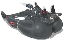1girls aeromorph aircraft aircraft_humanoid anus back_boob big_ass big_breasts black_skin breasts eyelashes highres large_ass looking_back muscular_back presenting quattrant red_eyes russian smiling stretching white_markings