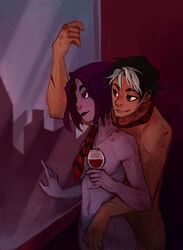 1boy 1girls after_sex batman_(series) bite_mark black_hair dar dc dc_comics female grey_skin jason_todd male nude purple_hair rachel_roth raven_(dc) red_hood_(dc) scar short_hair straight teen_titans tie window wine