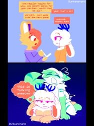 1boy 2026 2d 2d_(artwork) 2girls anthro anthro_on_anthro antlers artist_name blush blush_lines bunny_ears bunny_girl clothed clothing color colored comic comic_strip completely_naked completely_nude dialogue digital_drawing_(artwork) digital_media_(artwork) english_text female furry furry_only hair_tuft male male/female male_penetrating_female obscured_penetration prone_bone sex shark_boy shark_ears shark_tail text text_box thought_bubble unkanonano white_body white_fur