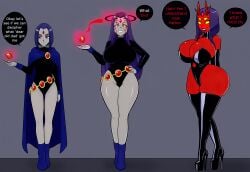 ai_art antlers ass_expansion bimbofication breast_expansion cleavage corruption dc_comics demon_girl eye_color_change glowing_eyes grey_skin hair_growth leotard purple_eyes purple_hair raven simple_background source_request teen_titans transformation