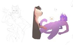 2025 anthro anthro_on_anthro balls big_breasts bodily_fluids breasts corablue countershade_accent cum cum_on_body digital_media_(artwork) domestic_cat duo eyes_closed felid feline felis female fur genital_fluids genitals gynomorph gynomorph/female hair hi_res impregnation intersex intersex/female mammal nipples nude penis purple_body purple_fur purple_hair simple_background tail ultra_(ultrabondagefairy) vulva white_background