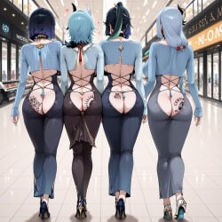 4girls ai_generated allenby ass_focus back_view backless backless_clothing backless_outfit bbc big_ass blue_hair butt_tattoo choker crop_top dark_blue_hair eula_(genshin_impact) female floating_heart from_behind genshin_impact hair_bow hair_ornament heart high_heels horns large_ass light_blue_hair long_hair long_sleeves pants pink_heart ponytail qos qos_tattoo revealing_clothes shenhe_(genshin_impact) short_hair slut straps tattoo teal_hair text_tattoo tight_pants xianyun_(genshin_impact) yelan_(genshin_impact)