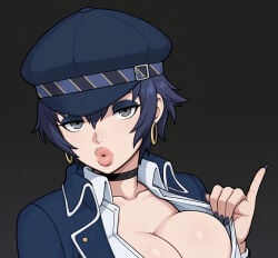 1girls adjusting_clothes ai_assisted ai_generated atlus bimbo bimbo_lips bimboports_(ai) blue_hair breast_implants cabbie_hat choker coat collarbone collared_shirt dress_shirt earrings eyes eyeshadow female gray half-closed_eyes hoop_earrings huge_breasts long_fingernails looking_at_viewer makeup nail_polish opening_shirt persona persona_4 puckered_lips round_breasts shirogane_naoto solo solo_female thick_lips