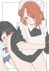 2girls apron ass bare_legs black_hair blush closed_eyes closed_mouth commentary_request embarrassed face_in_ass hair_ornament hairclip half-closed_eyes happy highres lifting_own_clothes lifting_skirt looking_down love_live! love_live!_nijigasaki_high_school_idol_club maid_apron maid_headdress medium_hair multiple_girls nijigasaki_school_uniform orange_hair orange_panties outside_border panties pout school_uniform smelling smelling_ass soyo1558686 takasaki_yu thighs uehara_ayumu underwear white_background yellow_eyes yuri