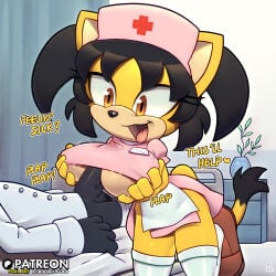 1boy 1girls anthro anthro_female anthro_on_anthro anthro_only anthrofied big_breasts black_hair breasts feline female fur furry honey_the_cat male male/female nurse nurse_cap nurse_uniform paizuri paizuri_under_clothes partial_male penis penis_between_breasts rikoandtako sega sonic_(series) sonic_the_fighters sonic_the_hedgehog_(series) twintails unseen_male_face yellow_fur