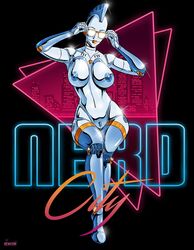 big_breasts breasts hourglass_figure metal_skin mohawk neon nude pinup pose posing pubic_hair renezuo robot robot_girl shiny_skin sitting sunglasses thick_thighs thigh_boots wide_hips