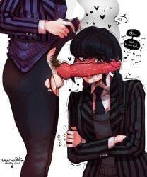 1futa 1girl animal_genitalia animal_genitalia_on_humanoid arms_crossed black_hair black_lipstick clothed clothed_female color colored dialog dialogue enid_sinclair floating_heart futanari gretchenrng heart-shaped_pupils huge_cock knot knotted_penis large_penis lifting_skirt lipstick long_fingernails motion_lines painted_nails partially_clothed partially_clothed_futa penis_on_face penis_out precum precum_drip precum_on_penis pubic_hair ripped_leggings the_addams_family throbbing_penis wednesday_(netflix) wednesday_addams