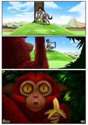 absurd_res anthro areola banana black_hair black_tail_tip bodily_fluids bottomless bottomless_gynomorph bottomless_intersex breasts butt canid canine cleavage clothed clothing comic dipstick_tail duo eggplant food fox fruit fur green_body green_fur green_hair grey_body grey_fur gynomorph hair haplorhine herm herm_(lore) hi_res holt_(spoogiehowl) hyena intersex mammal markings monkey nipples nude_intersex pink_areola pink_nipples plant primate red_body red_fur rock saliva spoogiehowl tail tail_markings tree yellow_eyes