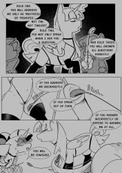 applejack_(mlp) armwear bdsm blindfold clothing comic dominant dominant_female english_text equid equine female feral fluttershy_(mlp) forced friendship_is_magic genitals group harness hasbro hi_res horn horn_jewelry horn_ring horse jewelry legwear magic mammal monochrome my_little_pony mythological_creature mythological_equine mythology not_today_satan pegasus pinkie_pie_(mlp) pony rainbow_dash_(mlp) rarity_(mlp) riding_crop ring_(jewelry) scared stockings tail text twilight_sparkle_(mlp) unicorn whip winged_unicorn wings