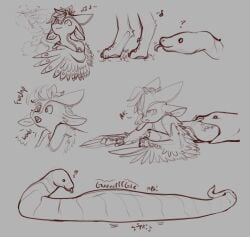 absurd_res anthro anthro_prey avali branch crunchy_kitkat death dialogue digestion digestion_noises fatal_vore feathers feral feral_pred heart_symbol hi_res larger_feral larger_pred monochrome mph! musical_note musical_symbol oral oral_vore plant question_mark reptile rumbling_stomach scalie serpentine serpentine_vore size_difference smaller_anthro snake speech_bubble surprised symbol tongue tongue_out tree vore