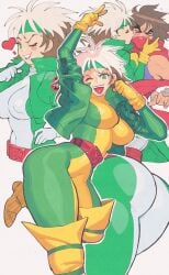 1boy 1girl ass belt bodysuit bodysuit_under_clothes breasts brown_hair closed_eyes commentary english_commentary fangs gloves green_bodysuit green_eyes hairband heart highres inkerton-kun jacket kiss kissing_cheek large_breasts marvel marvel_vs._capcom multicolored_hair ninja one_eye_closed open_mouth rogue_(x-men) scarf smirk thick_thighs thighs tongue white_bodysuit white_hair x-men yellow_bodysuit yellow_gloves