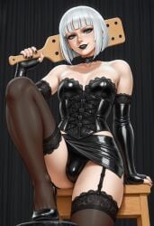 ai_generated black_lipstick black_nails blindparty blue_eyes butt choker corset crossdressing femboy garter_straps goth goth_boy heels hime_cut inside miniskirt paddle panties short_hair sitting skirt stockings trap white_hair