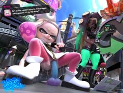 agent_8_(splatoon) being_recorded being_watched broadcast dialogue dialogue_box dialogue_bubble dildo fingering_self fingering_through_clothes holding_microphone holding_object marina_(splatoon) masturbation pearl_(splatoon) public_exposure public_masturbation public_nudity riding_dildo splatoon splatoon_(series) splatoon_2 yaarnwurm yoko_(splatoon)