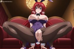 1girl ahoge ai_generated animal_ears anus arm_support ass black_bow black_bowtie black_pantyhose blush bow bowtie breasts breasts_out clothing_aside couch covered_navel detached_collar digitalwaifugallery fake_animal_ears fake_tail full_body green_eyes hair_between_eyes hi_res high_heels high_quality high_resolution high_school_dxd highleg highleg_leotard huge_ahoge indoors large_breasts leotard leotard_aside long_hair looking_at_viewer nipples pantyhose parted_lips patreon patreon_logo patreon_username playboy_bunny purple_leotard pussy rabbit_ears rabbit_tail red_hair rias_gremory seductive sexy solo spread_legs squatting strapless strapless_leotard sweat tail thighs torn_clothes torn_pantyhose uncensored very_long_hair watermark wrist_cuffs