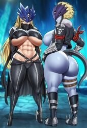 2girls abs ai_generated ass ass_bigger_than_head ass_focus bare_ass beelstarmon beelzemon big_ass big_breasts big_butt blonde_female blonde_hair blue_skin bodysuit boobs boobs_bigger_than_head boobs_out breasts breasts_bigger_than_head breasts_focus breasts_out colored_skin digimon digimon_(species) female female/female female_focus female_only genderbend genderswap genderswap_(mtf) leather leather_clothing leather_jacket light-skinned_female light_skin long_hair looking_at_viewer mask masked masked_female rule_63 short_hair take_your_pick