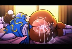 1girls after_anal after_sex ai_generated analover21 big_ass capcom chinese_clothes chun-li cum_in_ass female female_only laying_on_side novelai on_bed solo street_fighter sweaty torn_leggings