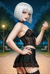 ai_generated black_lipstick black_nails blindparty blue_eyes choker corset crossdressing femboy garter_straps goth goth_boy hime_cut miniskirt night outside park short_hair skirt stockings trap white_hair