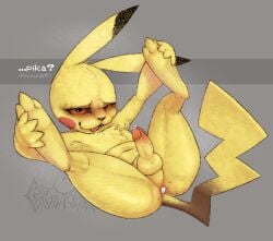 after_sex anthro anus armpit_hair balls belly bodily_fluids body_hair chest_tuft cryptidfelinoid cum cum_in_ass cum_inside dark_sclera dialogue digitigrade english_text erection fur generation_1_pokemon genital_fluids genitals grey_background humanoid_genitalia humanoid_penis logo looking_at_viewer lying male mammal nintendo no_sclera on_back open_mouth paws penis pikachu pokemon pokemon_(species) pokemon_speak precum presenting presenting_anus presenting_penis rodent simple_background solo spread_legs spreading tail text translation_within_image tuft yellow_body yellow_fur