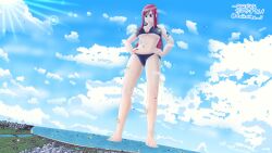 anime beachside bikini bikini_bottom bikini_only bikini_top blue_swimsuit daikaitenf erza_scarlet extreme_size_difference fairy_tail fairy_tail_mark female_focus fighter_jet giant_female giantess light-skinned_female light_skin light_skinned_female looking_down looming macro macro_female military_vehicle ocean outdoors red-haired_female red_hair red_hair_female size_difference swimsuit tattoo