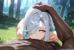 1boy 1girl :>= ai_generated blue_eyes blue_hair blurry completely_nude dark-skinned_male day deepthroat eyelashes eyeshadow forest genshin_impact grass grey_hair hair_over_one_eye hand_on_another's_head heart heart-shaped_pupils hetero interracial irrumatio long_hair looking_at_viewer multicolored_hair naezolt nature nude outdoors pov saliva shenhe_(genshin_impact) solo_focus stray_pubic_hair sweat tree veiny_penis very_dark_skin watermark white_hair