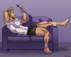 bulge hawkeye lying_on_couch marvel marvel_comics muscles pullaskiart tight_shirt underwear