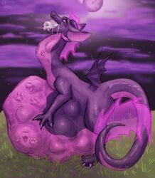 abdominal_bulge belly bodily_fluids bulge claws cloud dragon dragon_tail drooling female feral footprint fully_inside glowing glowing_eyes grass group hi_res horn lien_kitoki male membrane_(anatomy) membranous_wings moon multiple_prey mythological_creature mythological_scalie mythology night oral_vore partially_inside pawprint pink_eyes plant saliva saliva_string scalie size_difference sky swallowing tail vore vorelin wings
