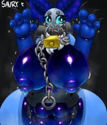 absurd_res antennae_(anatomy) anthro arthropod atsuko_021 big_breasts big_vulva blue_body blue_nipples bodily_fluids breasts chain chain_leash claws collar cowbell eyelashes female fingers genital_fluids genitals glistening glistening_body green_eyes hi_res huge_breasts hyper hyper_genitalia hyper_vulva insect lactating leash lepidopteran machine moth name_tag nipples nude pawpads paws plump_labia robot saury_(saureal) solo sweat thick_thighs vaginal_fluids vulva
