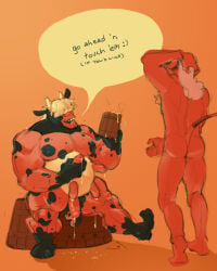 4:5 animal_humanoid anthro balls bodily_fluids bovid bovid_humanoid bovine bovine_humanoid caprine cattle_humanoid claybull duo english_text flaaffy generation_2_pokemon genital_fluids genitals hair hair_over_eyes hi_res humanoid inviting_to_sex lactating male male/male mammal mammal_humanoid milk miltank musclegut muscular muscular_male nintendo pecs penis pokemon pokemon_(species) precum sheep teats text udder_lactation udder_milking udders