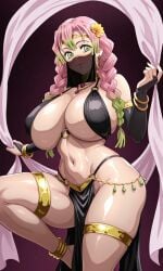 1girls ai_generated big_breasts braid braided_hair curvy curvy_body curvy_female curvy_figure dancer dancer_outfit demon_slayer female female_only green_eyes huge_breasts kanroji_mitsuri kimetsu_no_yaiba large_breasts light-skinned_female light_skin looking_at_viewer pink_hair shao145 solo solo_female